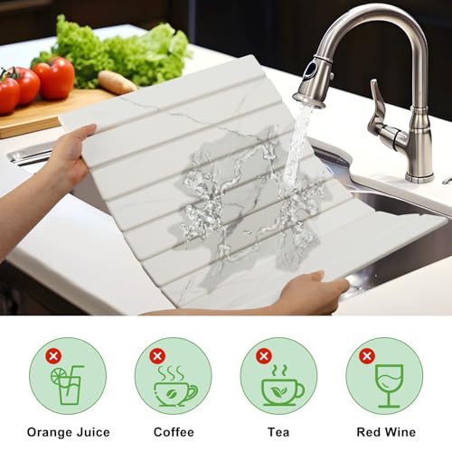 Large Stone Drying Mat for Kitchen Counter - 24"x16"Quick Drying Fast Absorbent Non-Slip kitchen Dish Drying Mats, Friendly Foldable Diatomaceous Earth Mats for Dishes Cups,Match Any Countertop