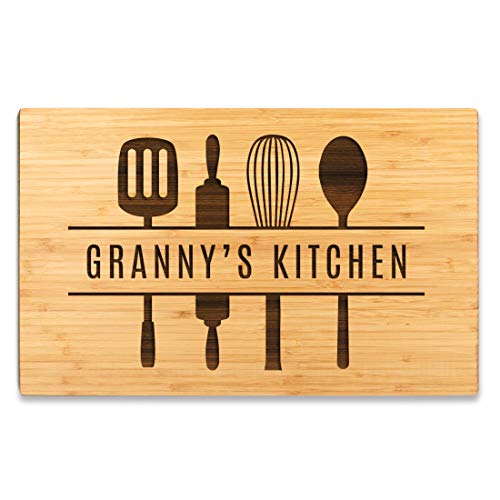 Andaz Press Large Bamboo Wood Cutting Board Gift, 17.75 x 11-inch, Granny's Kitchen, Utensils Graphic, 1-Pack, Laser Engraved Serving Chopping Board Christmas Birthday Chef Kitchen Ideas - color: Granny