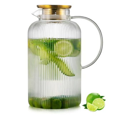 Buaic Glass Pitcher with Lid, 100 oz/ 3 Liter Classic Vertical Stripes Water Pitcher,Glass Water Carafe for Cold Brew, Coffee, Lemonade, Iced Sun Tea,Beverage, Milk, Heat Resistant - color: Clear, size: 100 Ounces