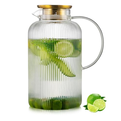 Buaic Glass Pitcher with Lid, 100 oz/ 3 Liter Classic Vertical Stripes Water Pitcher,Glass Water Carafe for Cold Brew, Coffee, Lemonade, Iced Sun Tea,Beverage, Milk, Heat Resistant - color: Clear, size: 100 Ounces