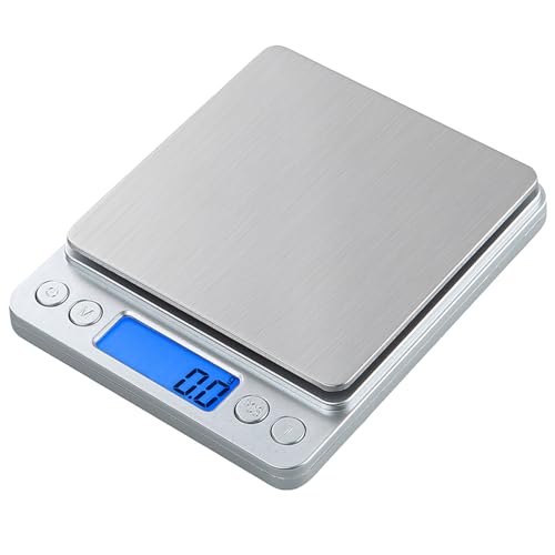 Small Digital Scale,3kg/0.1g,6.6lb,Kitchen Scale,Food Scale,with Blue Backlit LCD Display, 6 Units, Auto Off, Tare, PCS Function, Stainless Steel, Battery Included