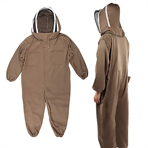 Yctze Beekeeping Protective Suit, One Piece Bee Suit for Beekeepers with High Definition Veil and Zipper, Light Brown Polyester Cotton, Foldable (L)