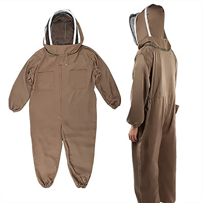 Yctze Beekeeping Protective Suit, One Piece Bee Suit for Beekeepers with High Definition Veil and Zipper, Light Brown Polyester Cotton, Foldable (L)