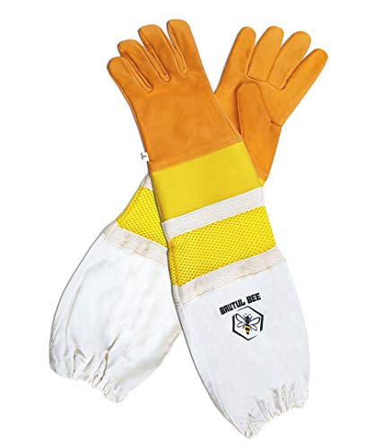 Brutul Bee Beekeeping Cowhide Leather Ventilated Gloves With Rubber & Mesh Cuff Long Protective Vented Sleeves - size: Large
