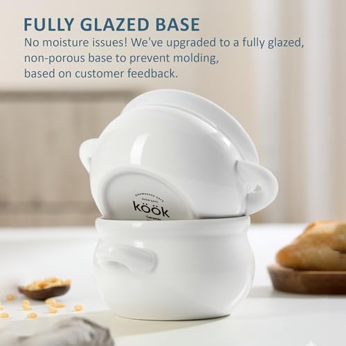 KooK French Onion Soup Crocks with Handles, Ceramic, Dishwasher, Microwave, Oven & Broil Safe, White Set of 4, 18 oz - style: White