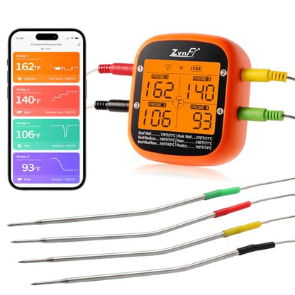 Instant Read Food Meat Thermometer Wireless Digital with LCD Display and 4 Stainless Probes,Advanced Electronic Thermometer Waterproof for BBQ Cooking Kitchen Outside Grill - color: orange
