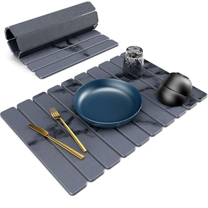 Large Stone Dish Drying Mat for Kitchen Counter, 24"(L)×16"(W), Collapsible Quick Dry Stone Dish Mats, Super Absorbent Diatomaceous Earth Drying Pad for Dishes Bottles Cups, Countertops (Marble) - color: Marble
