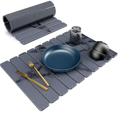 Large Stone Dish Drying Mat for Kitchen Counter, 24"(L)×16"(W), Collapsible Quick Dry Stone Dish Mats, Super Absorbent Diatomaceous Earth Drying Pad for Dishes Bottles Cups, Countertops (Marble) - color: Marble
