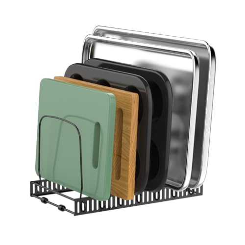 Housolution Cutting Board Organizer Rack, Baking Tray and Cookie Sheet Organizer with 7 Adjustable Dividers, Bakeware Muffin Tin Cupcake Pan Storage Organizer for Cabinet, Black - color: Black, size: 7 Dividers