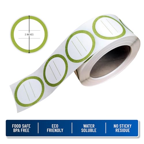 Water Soluble Labels for Food Containers – Dissolvable Kitchen Labels – No Sticky Residue – 2" Diameter, Two-Line Writable Surface, 200 Labels Per Roll (Green) - color: Green