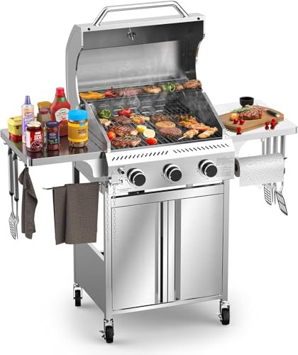 Electactic Propane Gas Grill, 3-Burner 24,000 BTU Stainless Steel BBQ Grill with Foldable Shelf for Outdoor Barbecue and Cooking - size: 3 Burner Gas Grills with Foldable Shelf