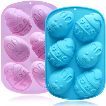 Egg Shape Silicone Molds 3.5 Inch, 2-Pack Chocolate Baking Holiday Easter Mould, Non-Stick BPA Free, Kid-Friendly Soap Mold Rabbit & Floral Designs, Blue & Pink - style: Easter Egg - 2PCS