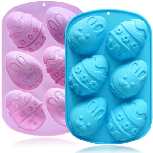 Egg Shape Silicone Molds 3.5 Inch, 2-Pack Chocolate Baking Holiday Easter Mould, Non-Stick BPA Free, Kid-Friendly Soap Mold Rabbit & Floral Designs, Blue & Pink - style: Easter Egg - 2PCS