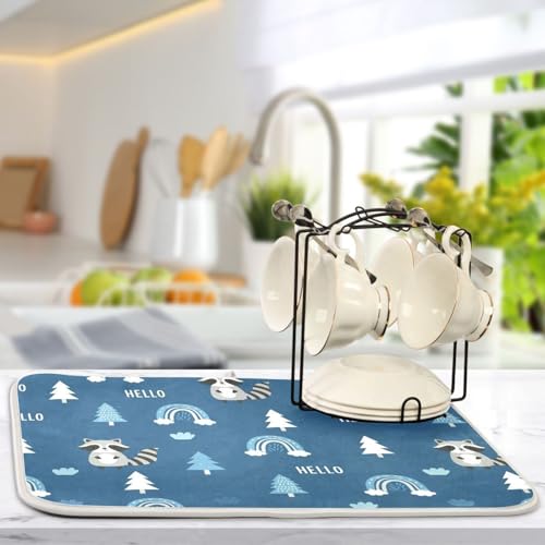 Raccoon Rainbow Tree Blue Dish Drying Mat for Kitchen Counter Super Absorbent Draining Mat with Non-slip Backed Dish Rack Pad for Draining Racks Countertops Sinks Dish Bottles Cups Bowl