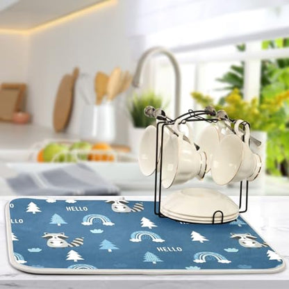 Raccoon Rainbow Tree Blue Dish Drying Mat for Kitchen Counter Super Absorbent Draining Mat with Non-slip Backed Dish Rack Pad for Draining Racks Countertops Sinks Dish Bottles Cups Bowl