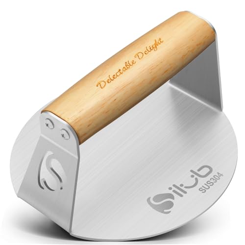 Smash Burger Press,304 Stainless Steel 6.0 Inches Round Hamburger Smasher with Anti Scald Wood Handle, Non-Stick Burger Press Perfect for Flat Top Griddle Grill Cooking (6'' Uncoated Press)