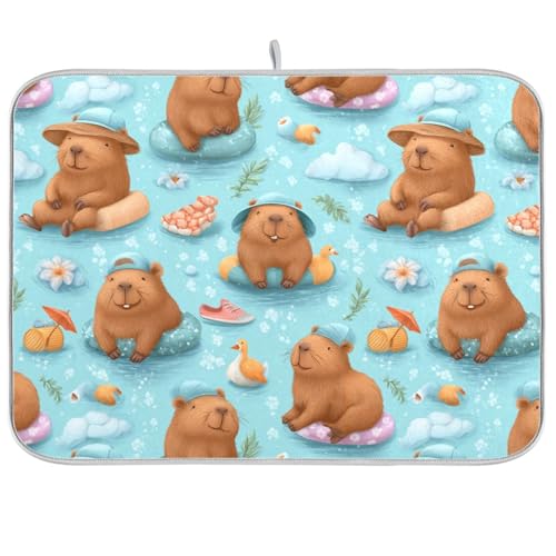 Dish Drying Mat for Kitchen Counter Cartoon Capybara Swim Ring Blue Absorbent Drying Dish Mat 16×18 inch Dish Rack Pad Coffee Mat for Sink Dishes Under Rack - color: multicolored.18, size: 16x18in