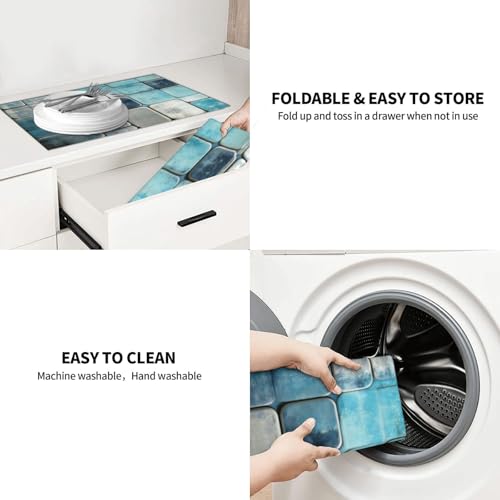 Kitchen Drying Mat for Countertop Modern Blue Geometric Tile Non-Slip Kitchen Counter Mat for Dishes Glassware - color: Blue Teal & Gray