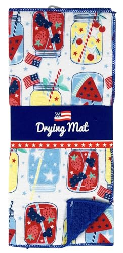 Serafina Home Patriotic Dish Drying Mat, Mason Jar Design, Red White Blue, Cotton, 15" x 20", Machine Washable, 4th of July Kitchen Décor - color: patriotic mason jars