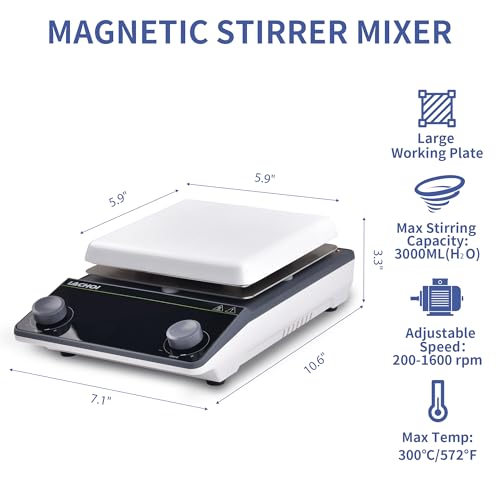 Magnetic Stirrer 5.9 inch Hot Plate 200-1600RPM Max Temp.300℃ Magnetic Stir Plate Max 5L Lab Stirrers with Stir Bar & Standing Pole(No Screen) - size: 5L
