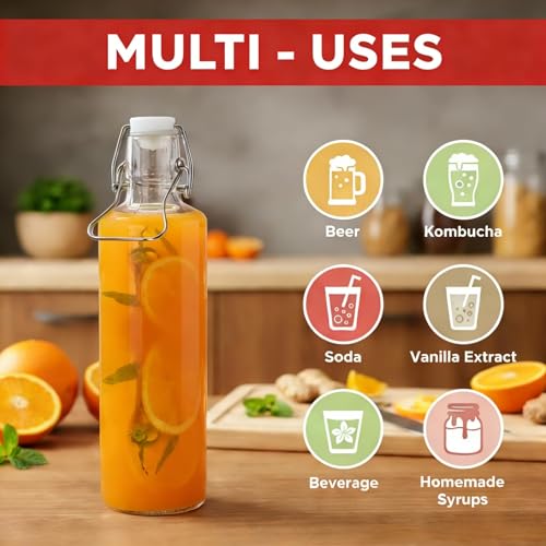 Cididu 33oz Swing Top Glass Bottle 4 Pack, 1L Clear Beer Bottle with Air Tight Lids, Easy Cap Glassware with Handle for Kombucha, Home Brewing, Juice, Carbonated Drink, Vinegar, Oil, Mead, Milk, Soda