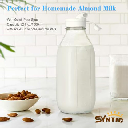 4 Pack 1 Liter Glass Milk Bottles w Scale, 100% Airtight Heavy Duty Screw Lid - 32 Oz Drinking Jars w 2 Pour Spouts - Glass Bottles for Milk, Honey, Jam, Creamer - Dishwasher Safe(Extra 2 Lids) - style: Milk Bottle-4pack