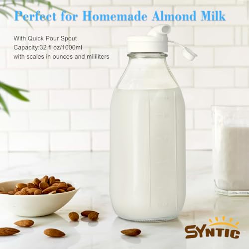Liter Glass Milk Bottles w 100% Airtight Heavy Duty Screw Lid & 2 Dispenser- 6 Pack 32 Oz Drinking Jars - Food Grade Glass Bottles for Milk, Honey, Jam - Dishwasher Safe(Extra 2 Lids and Stickers)