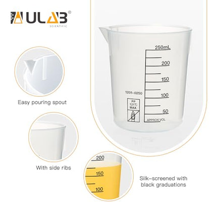 ULAB Scientific Stackable Graduated Plastic Beakers, 6pcs of Vol.250ml(8.45oz), with Easy-to-Read Printings in Black, UBP1024 - style: 6pcs of Vol.250ml with black printings
