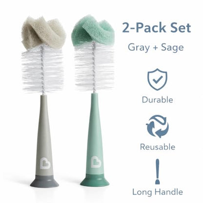 Bottle Brush Set, 2 Pack Gray & Sage Cleaning Brushes with Long Handle, Flexible Bristles for Narrow Neck Containers, Reusable Kitchen & Home Cleaning Tool