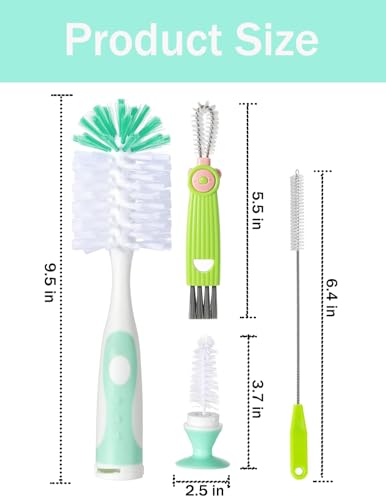 Baby Bottle Brush Set, 2Pcs Nylon Bottle Brush with Stand, 2 Hidden Nipple Brush, 2 Straw Brush, 1 Lid Brush, Bottles Brush Cleaner for Baby Bottle, BPA-Free(Green) - color: Green-nylon & Nylon Brush
