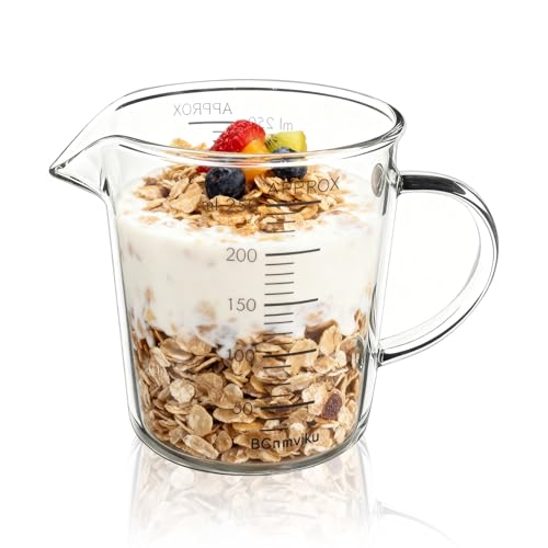BCnmviku Glass Measuring Cup 250ml 1Cup High Borosilicate [Insulated Handle | V-Shaped Spout]For Prepping Baking and Cooking Preheated Oven Dishwasher Freezer and Microwave Safe - size: 250ml