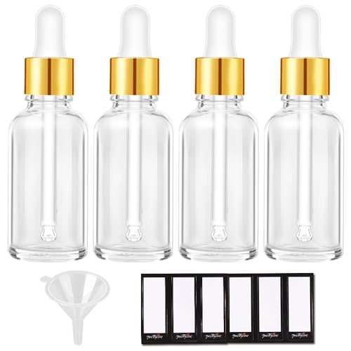 PrettyCare 2 oz Dropper Bottles, 4 Pack Clear Glass Bottles 60ml with Golden Caps, 12 Labels, Funnel & Measured Pipettes-Empty Tincture for Essential Oils & Skincare - color: 2oz Clear, style: 4 Pack