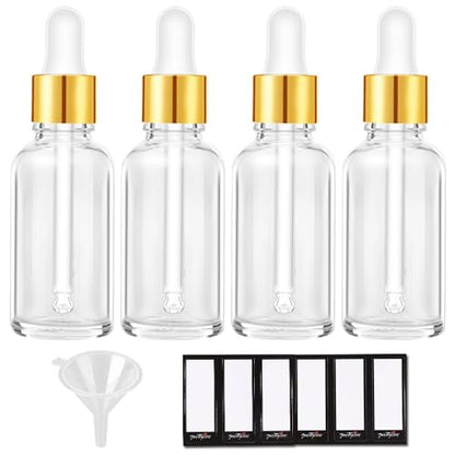 PrettyCare 2 oz Dropper Bottles, 4 Pack Clear Glass Bottles 60ml with Golden Caps, 12 Labels, Funnel & Measured Pipettes-Empty Tincture for Essential Oils & Skincare - color: 2oz Clear, style: 4 Pack