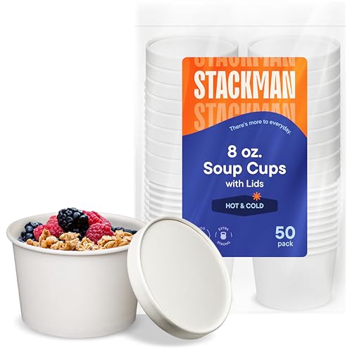 [8 oz. - 50 Sets] Paper Food Container with Lid, Insulated Food Cups with Vented Lids - Hot or Cold To Go Soup Cup, for Soups, Ice Cream and Yogurt - Eco-Friendly - White - size: 8 oz.