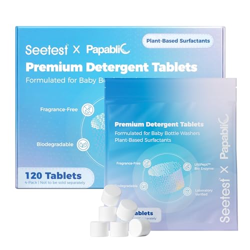 Papablic Upgraded 120Pcs Baby Bottle Washer Tablets, Plant-Based UltiPept Enzyme Formula, Deep Cleaning for Milk Residue & Odor, Gentle on Bottles & Pump Parts, Compatible with All Bottle Washers - size: 1 Count (Pack of 120)
