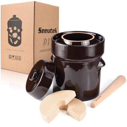 Seeutek Fermentation Crock Jar 1/2 Gallon - Sauerkraut Crock with Lid, Weights & Pounder, Stoneware Pickle Pot for Pickling Kimchi, Pickles, Vegetables, Kombucha, 2 Liter Ceramic Fermenting Crock Kit - size: 2L