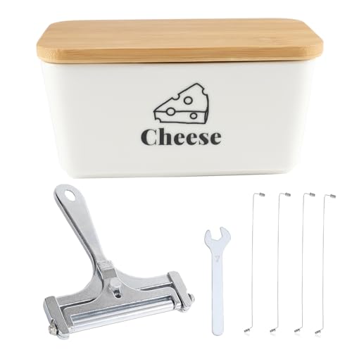 Cheese Container for Refrigerator,Shredded Cheese Container with Bamboo Lid,Ceramic Cream Block Sliced Cheeses Storage Box,Grated,Cheddar Cheeses Saver for Fridge,Kitchen Organizer