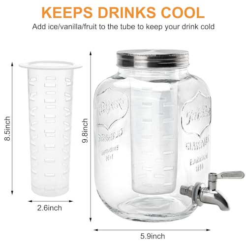 1 Gallon Glass Beverage Dispenser with Lid, Stainless Steel Spigot, Glass Drink Dispensers for Parties, Lemonade Dispenser With Ice Cylinder for Weddings, Party,Sun Tea Jar, Water Juice Dispensers
