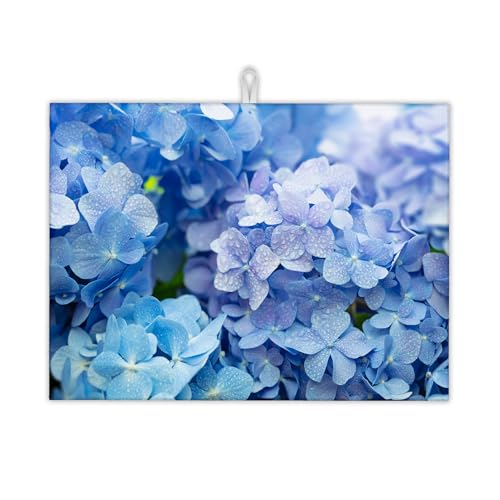 Blue Hydrangea Flower Dish Drying Mats 18x24 Inch, Dish Pad Drying Rack Mat for Kitchen Counter Ultra Absorbent Microfiber Dishware Coffee Maker Bar Countertop Decor - color: Blue Hydrangea Flower