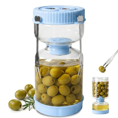 Pickle Jar with Strainer Flip, Pickle Container with Strainer with Two Forks, Airtight Glass Pickle Jar for Fermentation, Olive Jar with Date Tracker Lid, Jalapeno Container with Gas Port (Blue) - color: Blue