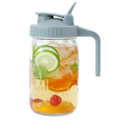 Mason Jar Pitcher Wide Mouth 32 OZ Glass Jars With Pour Spout Lids Airtight Leak-proof 1 Quart Water Pitcher With Handle For Iced Tea, Milk, Sun Tea, Lemonade, Iced Coffee - color: 32 OZ