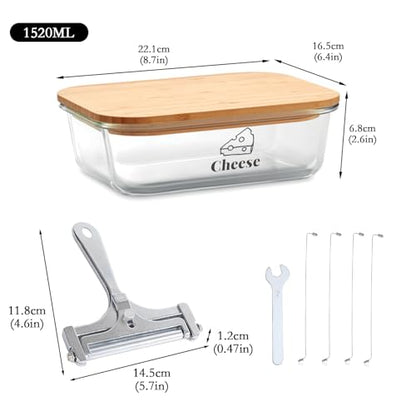 Cheese Container for Refrigerator,Glass cheese slice holder with Wooden Lid&Cheeses Cutter,Lunch Deli Meat Containers for Fridge,BPA-Free Shredded Cream Block Cheeses Storage Box keeper