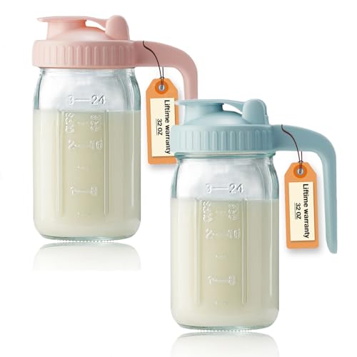 2 Pack 32oz Glass Pitcher with Lid & V-shaped Pour Spout - 1 Quart Double Leak Proof, Creamer Container for Sun Tea, Juice, Cold Brew Coffee, Breastmilk Storage Container - color: Pink+Blue, size: 32 Ounces