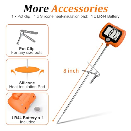 BOMATA Digital Candy Thermometer with Pot Clip, Deep Fry Oil Thermometer with Rotatable Display & Long Probe, for Candy Candle Making, Cooking, Food, Liquids, Water, Sugar.. Orange - color: Orange