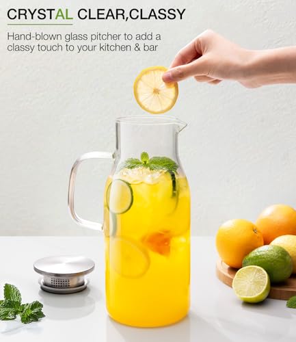 LUNA&MANTHA Glass Pitcher, 2 Liter 68oz Water Pitcher with Lid and Spout, Large Ice Tea Jug for Fridge, Thick Drink Jug with Handle for Juice, Coffee, Borosilicate Glass Carafe Hot/Cold Beverage - color: 68oz