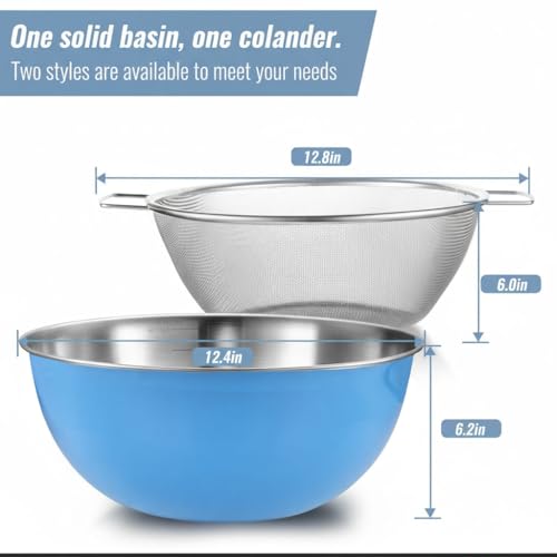 304 Stainless Steel Rice Washing Bowl and 40 Mesh Strainer Set, 3.5QT | 40-mesh strainer helps prevent grain loss while measurement marks and sturdy handles make rinsing and draining easier. - color: Blue