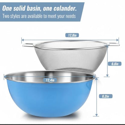 304 Stainless Steel Rice Washing Bowl and 40 Mesh Strainer Set, 3.5QT | 40-mesh strainer helps prevent grain loss while measurement marks and sturdy handles make rinsing and draining easier. - color: Blue