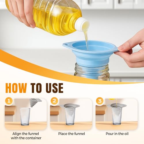 Kitchen Funnel Set 3 Pack, Collapsible Silicone Funnels for Filling Water Bottles & Small Bottles | Food-Grade, Easy Clean & Space-Saving (Blue) - color: blue