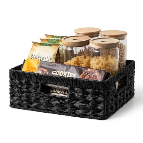 GRANNY SAYS Wicker Basket for Organizing, Wicker Storage Basket for Shelves, Woven Basket for Pantry Storage, Shallow Basket, Black, 1-Pack - color: Black, size: 13"L x 10¾"W x 4¾"H