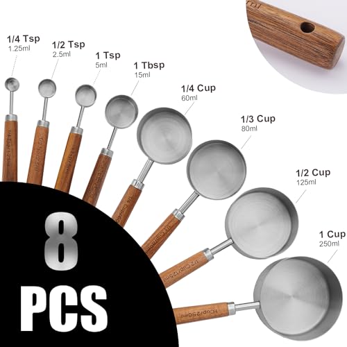 SHIKORI Gold Measuring Cups and Spoons Set with Wood Handles, Premium Stainless Steel Measuring Spoons and Measuring Cups Set-Silver - color: Silver